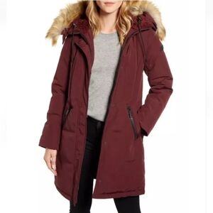 Sam Edelman Burgundy Puffer Jacket with Fur Hood